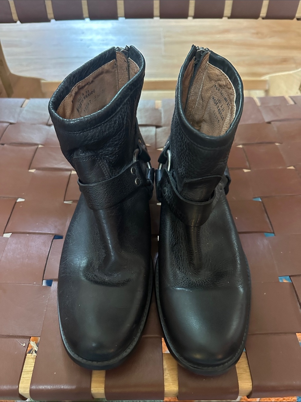 Frye Black Leather Harness Ankle Boots